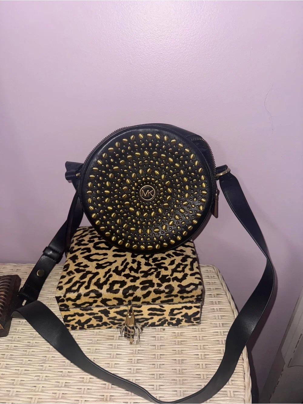 Michael Kors Black Round Crossbody with Gold Stud Detailing